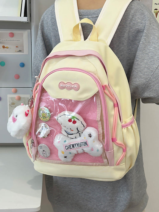 Kawaii Mesh Backpack with Plush Charm - Anime Aesthetic School Bag