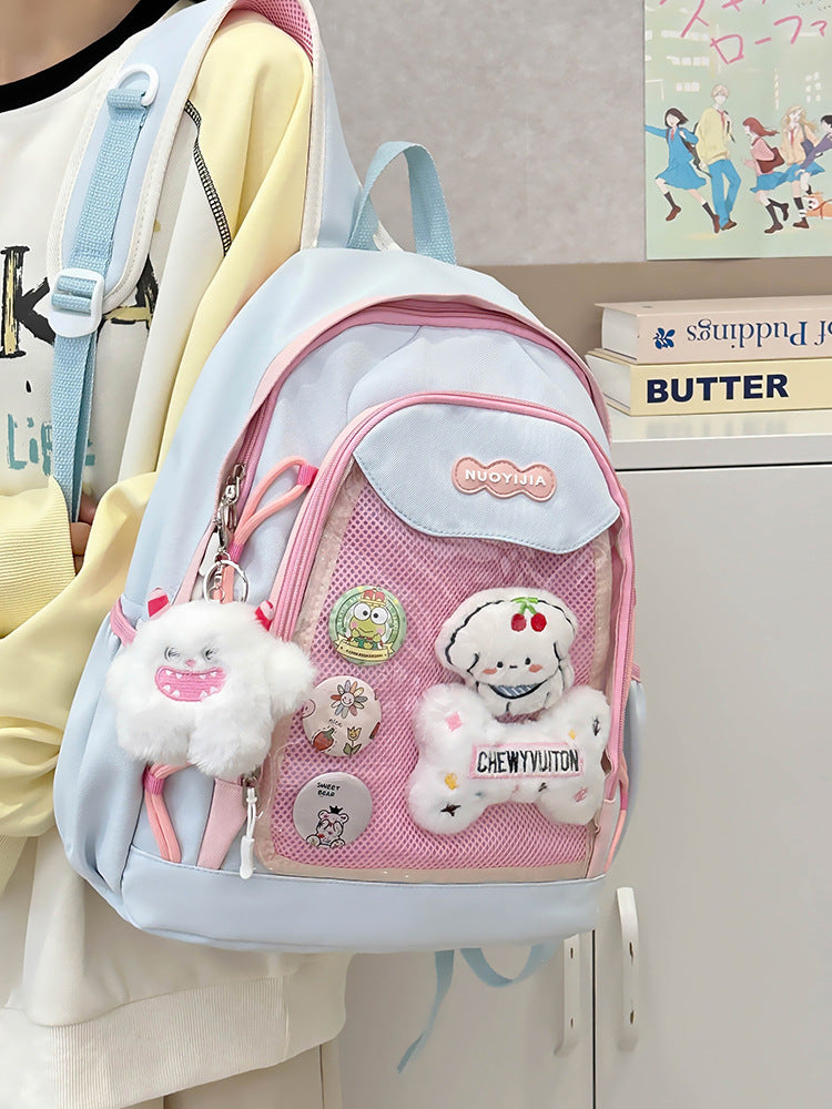 Kawaii Mesh Backpack with Plush Charm - Anime Aesthetic School Bag