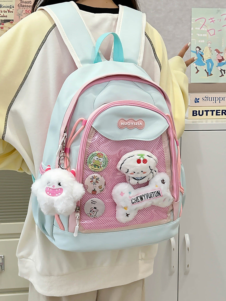 Kawaii Mesh Backpack with Plush Charm - Anime Aesthetic School Bag