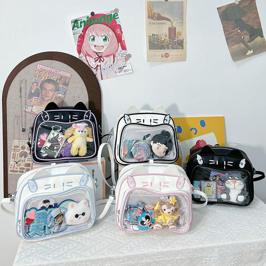 Kawaii Cat Face Clear Window Backpack with Plush Charm - 2025 Korean Style School Bag