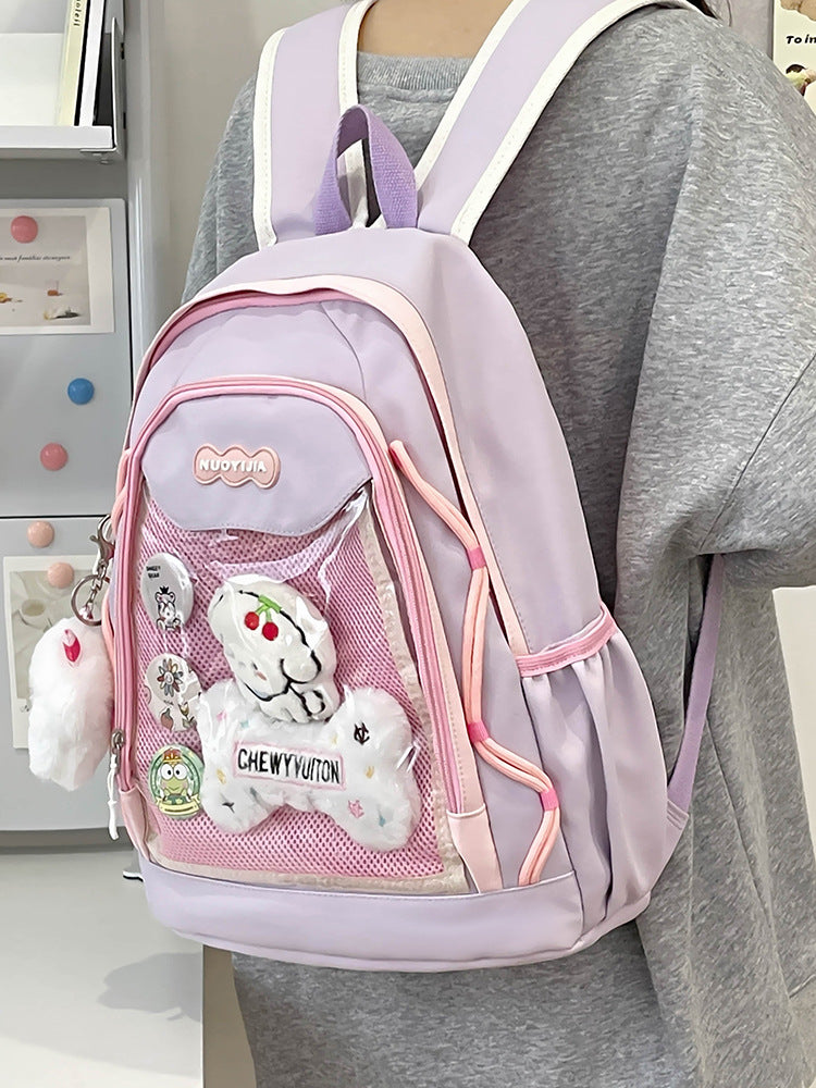 Kawaii Mesh Backpack with Plush Charm - Anime Aesthetic School Bag