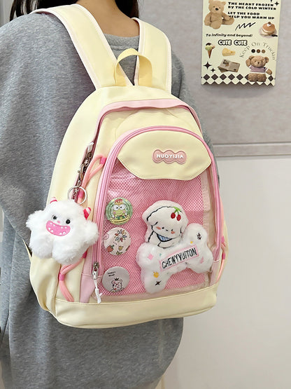 Kawaii Mesh Backpack with Plush Charm - Anime Aesthetic School Bag