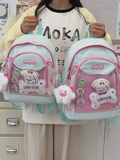 Kawaii Mesh Backpack with Plush Charm - Anime Aesthetic School Bag